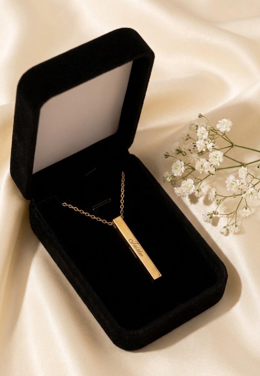 Personalized Gold Vertical Bar Necklace: Custom Engraved Stainless Steel