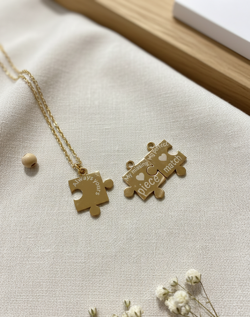 Personalized Puzzle Piece Necklace Set: Engraved Stainless Steel Matching Jewelry